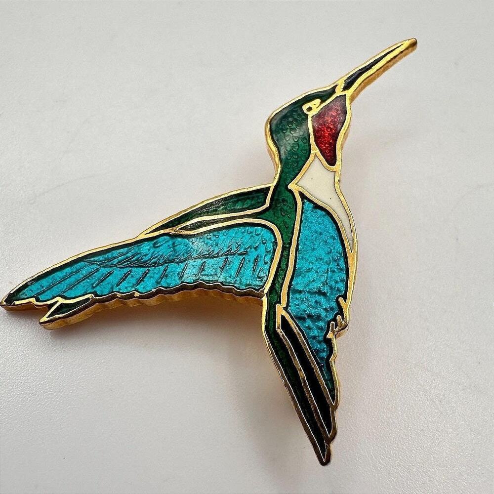 Vintage 80s Multicolor Hummingbird Pin Gold Tone Enamel Brooches Retro Jewelry